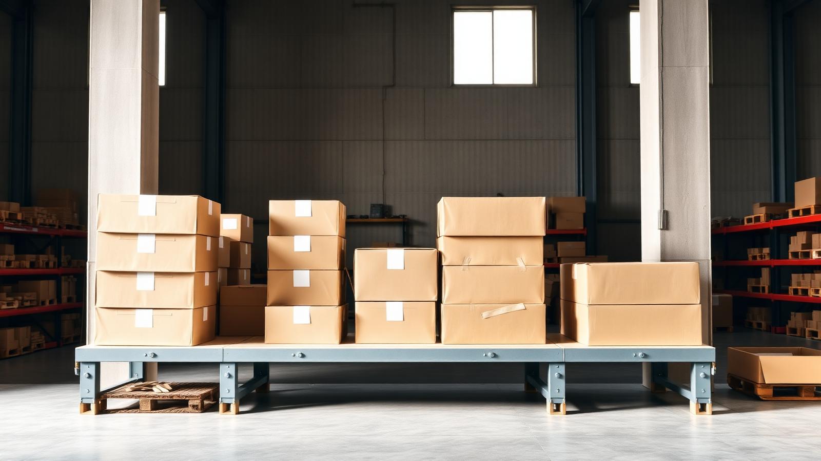 Returned parcels stacked on a bench in a bright warehouse
